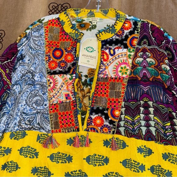 Anandas Collection NWT! Yellow/Multi Patchwork Boho Chic Shift Dress Top Coverup - Picture 8 of 17